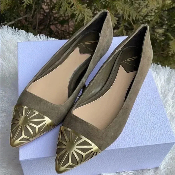 Brian Atwood Olive Gold Toe Flats - Picture 2 of 7